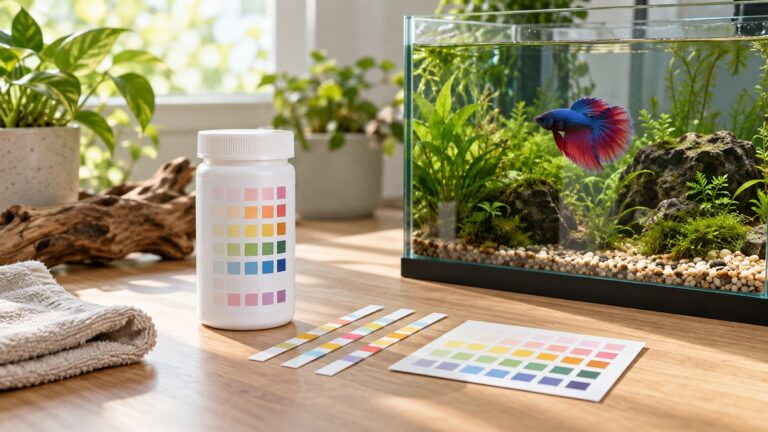A bottle of multi-test strips beside a color chart and a small betta tank, in soft morning light.