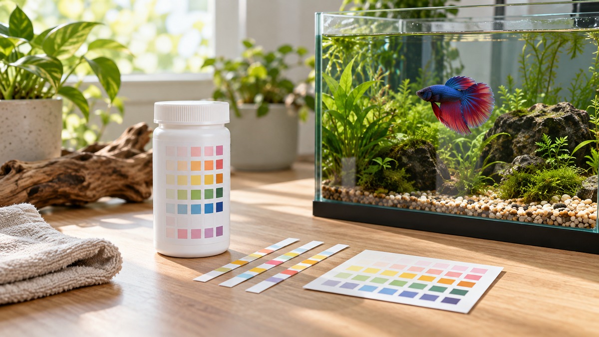 A bottle of multi-test strips beside a color chart and a small betta tank, in soft morning light.