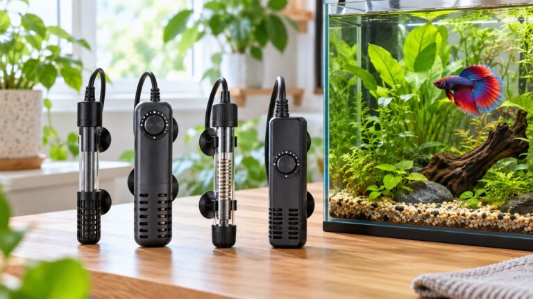 Four compact aquarium heaters are compared beside a healthy planted betta tank.