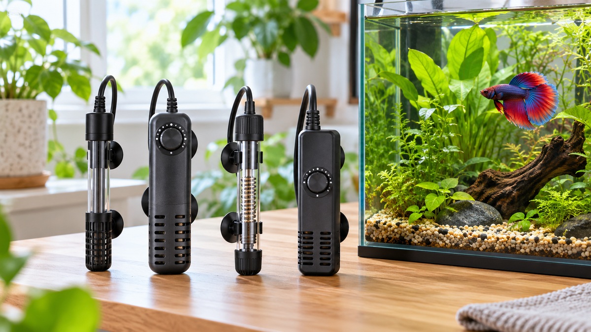 Four compact aquarium heaters are compared beside a healthy planted betta tank.