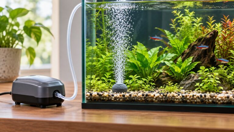 A small plug-in air pump sits on the rim of a planted tank while fine bubbles rise from an air stone.