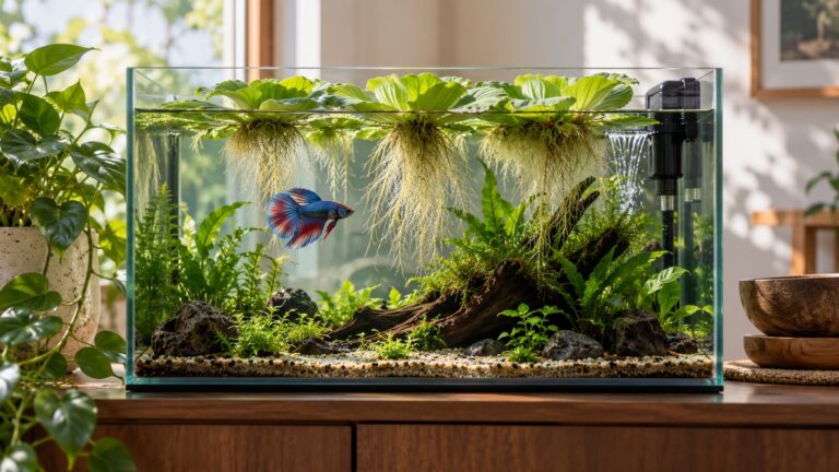A healthy betta swims beneath floating water lettuce in a planted aquarium.