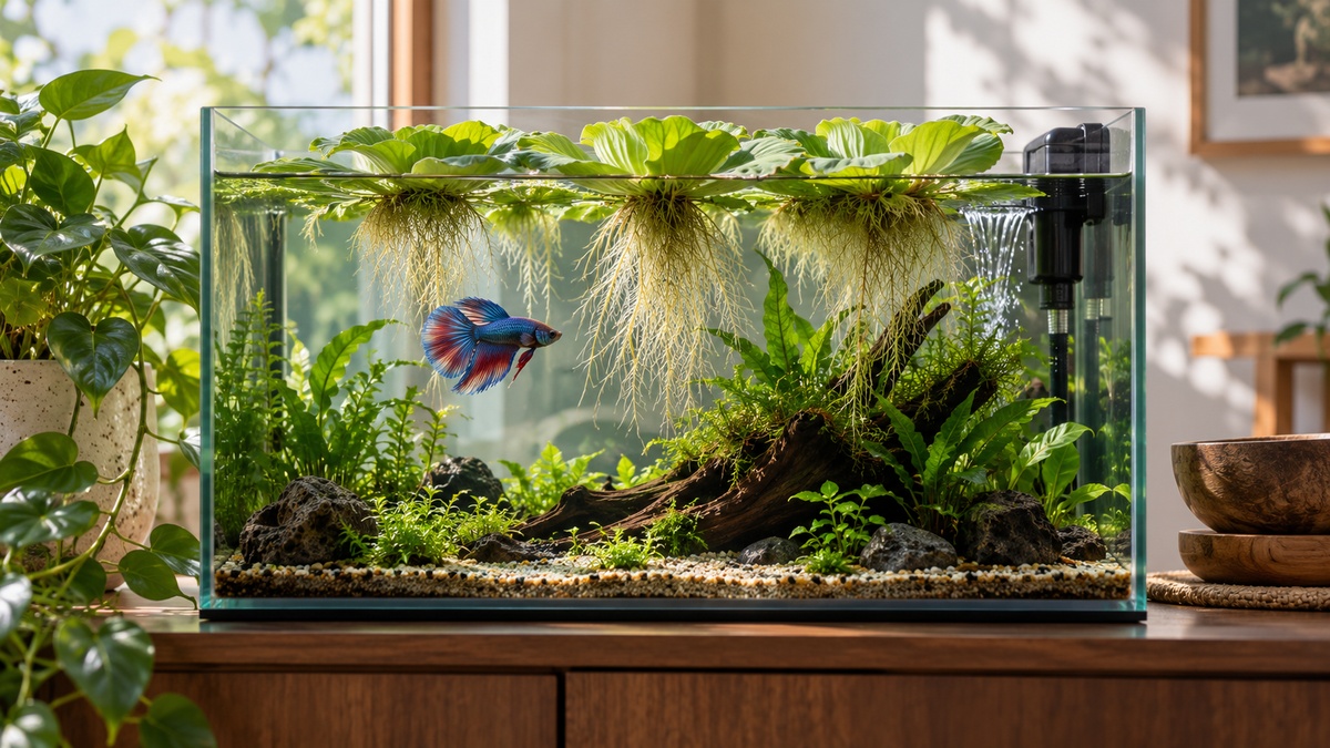 A healthy betta swims beneath floating water lettuce in a planted aquarium.