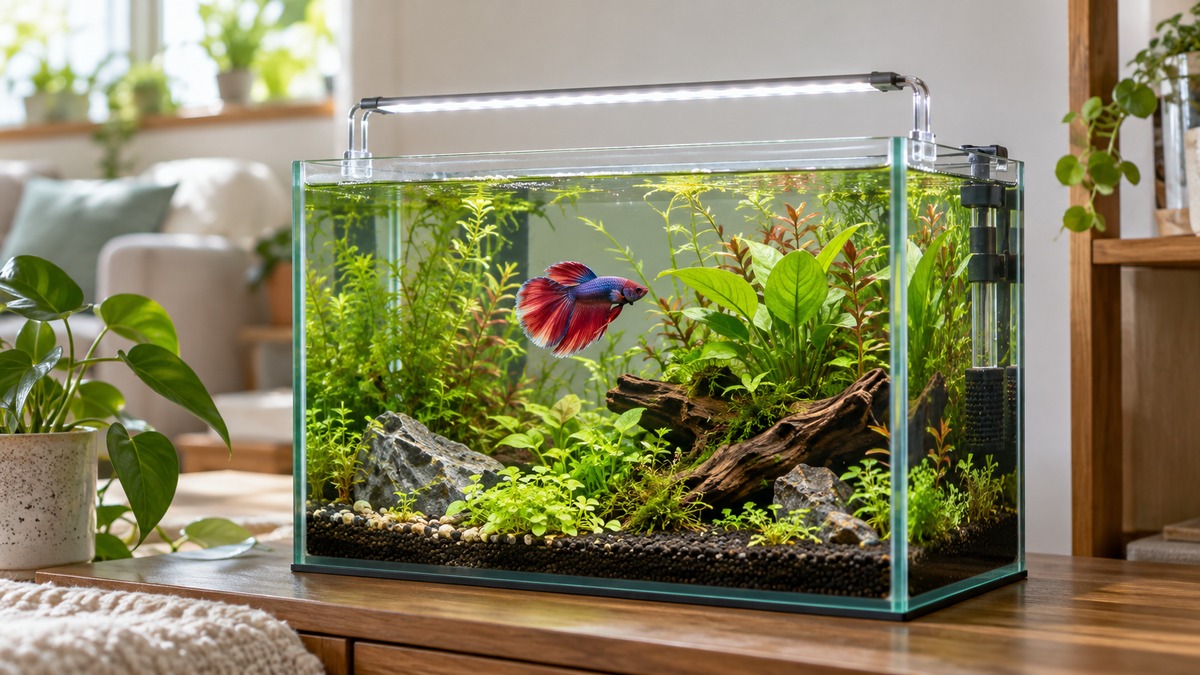A betta swims in a planted five-gallon aquarium softly lit by a slim white underwater LED bar.