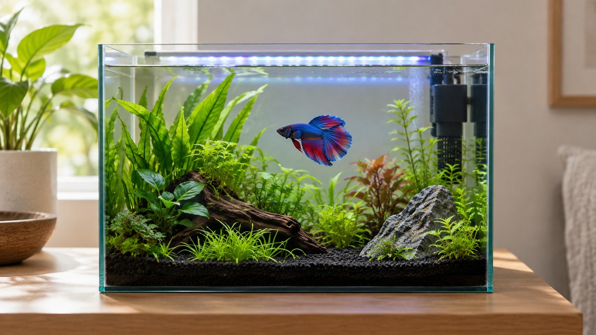 A betta swims through a planted five-gallon aquarium softly illuminated by a slim underwater LED strip.