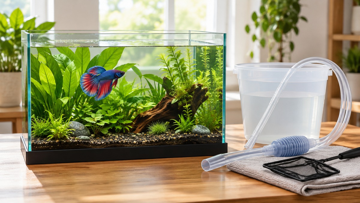 A clear five-gallon planted betta tank sits beside simple unbranded aquarium-cleaning tools in soft daylight.