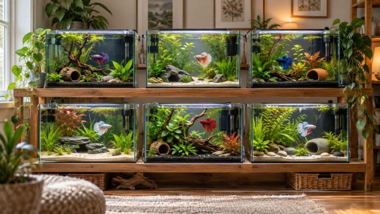 Six healthy planted betta tank setups displayed on a wooden aquarium stand.