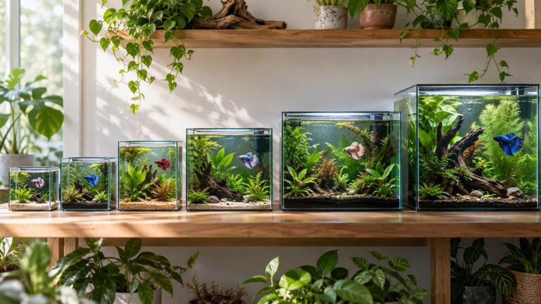 Six planted betta aquariums in graduated sizes arranged on a bright wooden shelf.