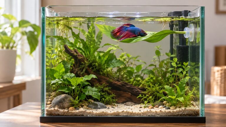 A colorful betta rests on a green leaf hammock near the water surface in a softly lit planted aquarium.