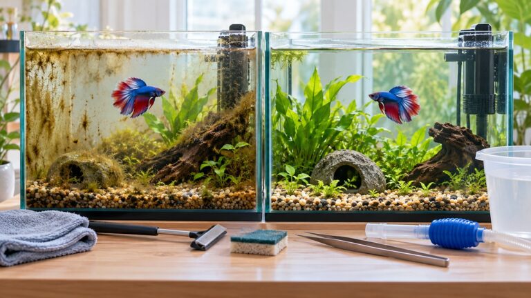 Two betta aquariums compare brown algae buildup with a clean planted tank beside maintenance tools.