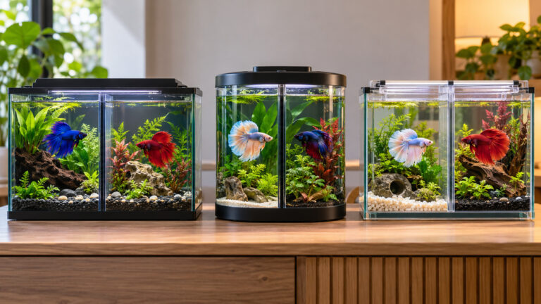 Several divided two-in-one betta tanks are displayed in a planted aquarium setting.