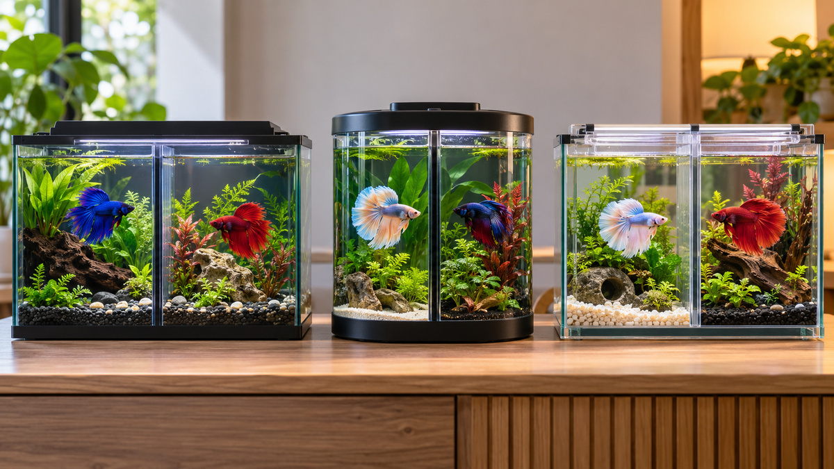 Several divided two-in-one betta tanks are displayed in a planted aquarium setting.
