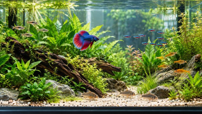 A clear aquarium-side comparison scene illustrating betta tank mates 20 gallon without logos, prices, or promotional text.