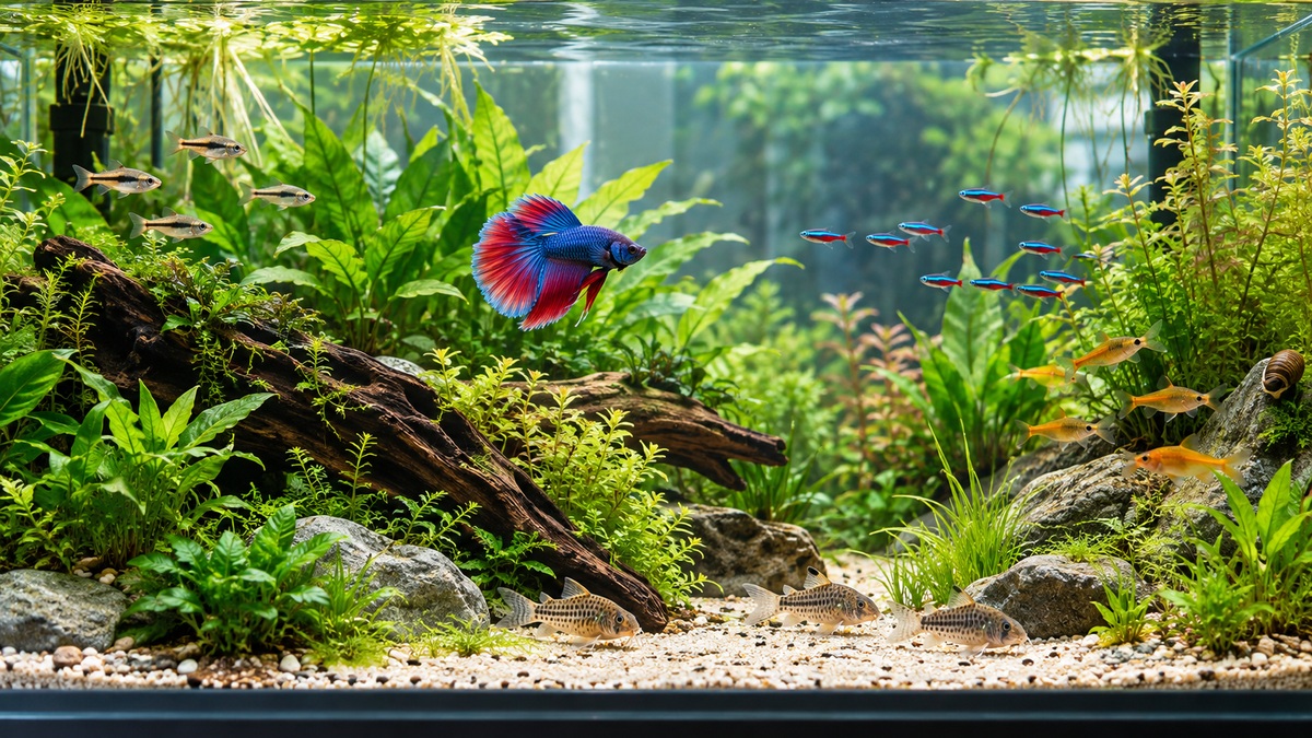 A clear aquarium-side comparison scene illustrating betta tank mates 20 gallon without logos, prices, or promotional text.