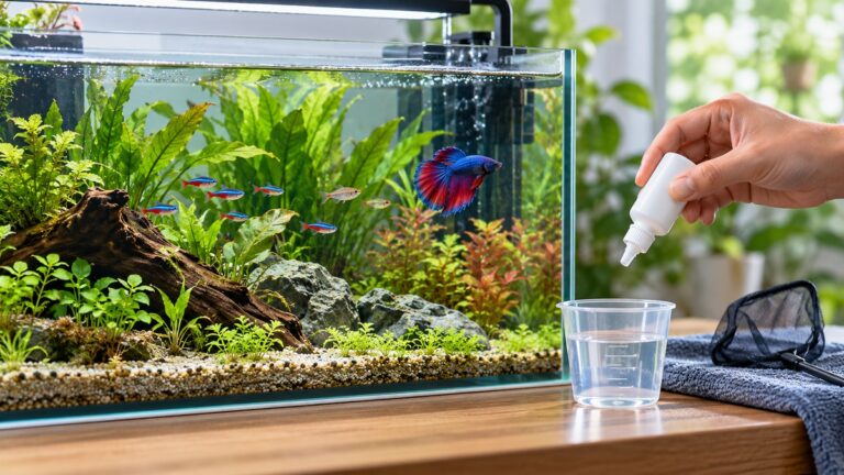 A hand measures unbranded water conditioner beside a healthy planted fish tank.