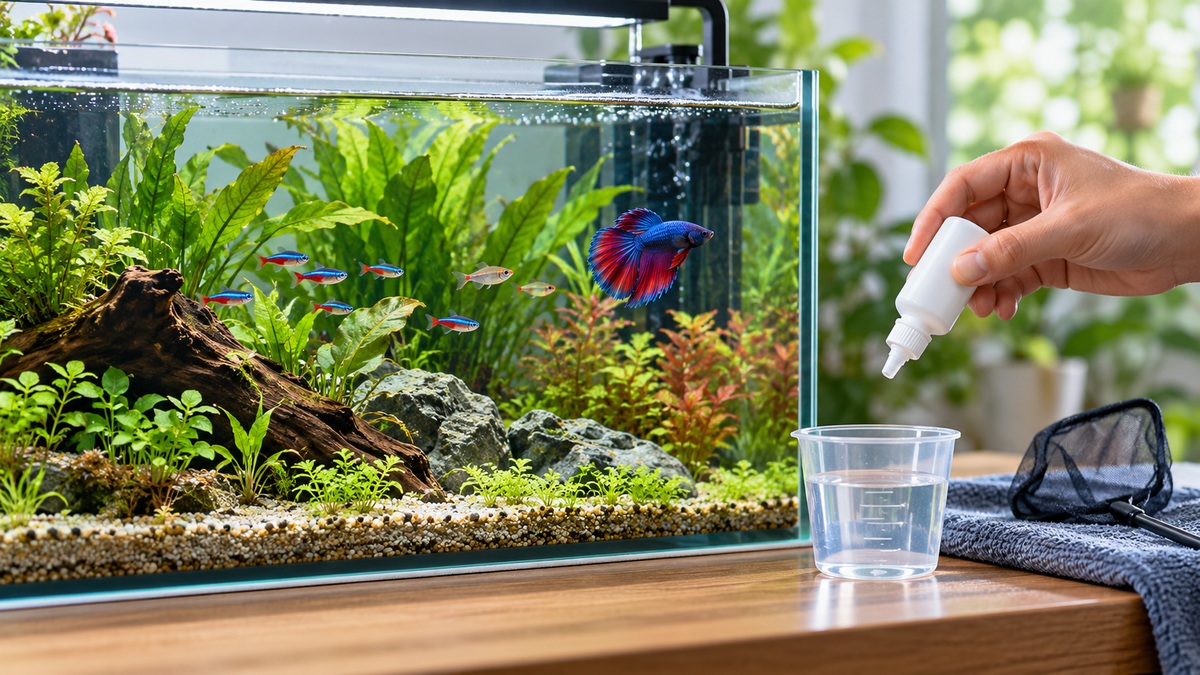 A hand measures unbranded water conditioner beside a healthy planted fish tank.