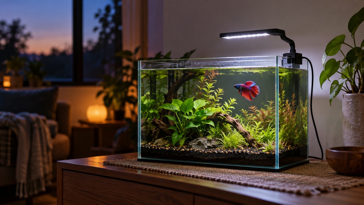 A small black clip-on LED light mounted on the rim of a small glass aquarium, lighting a planted betta tank at evening.