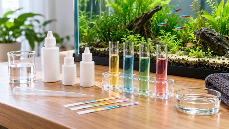 Colored aquarium water samples and test strips are organized beside a planted fish tank.