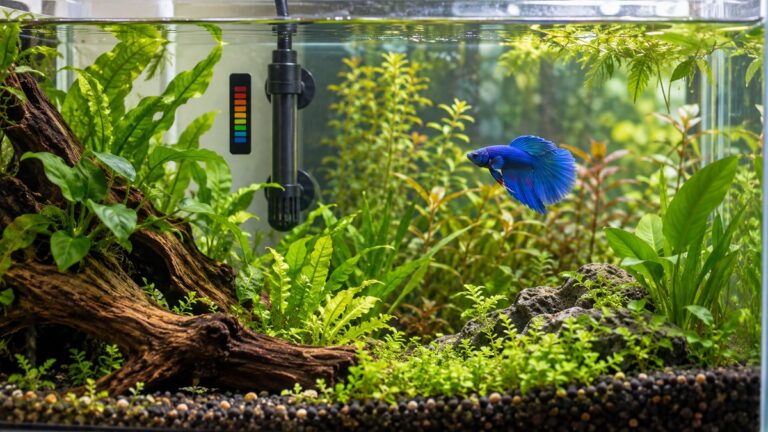 A small black submersible heater in a planted betta tank, with a thermometer sticker on the glass.