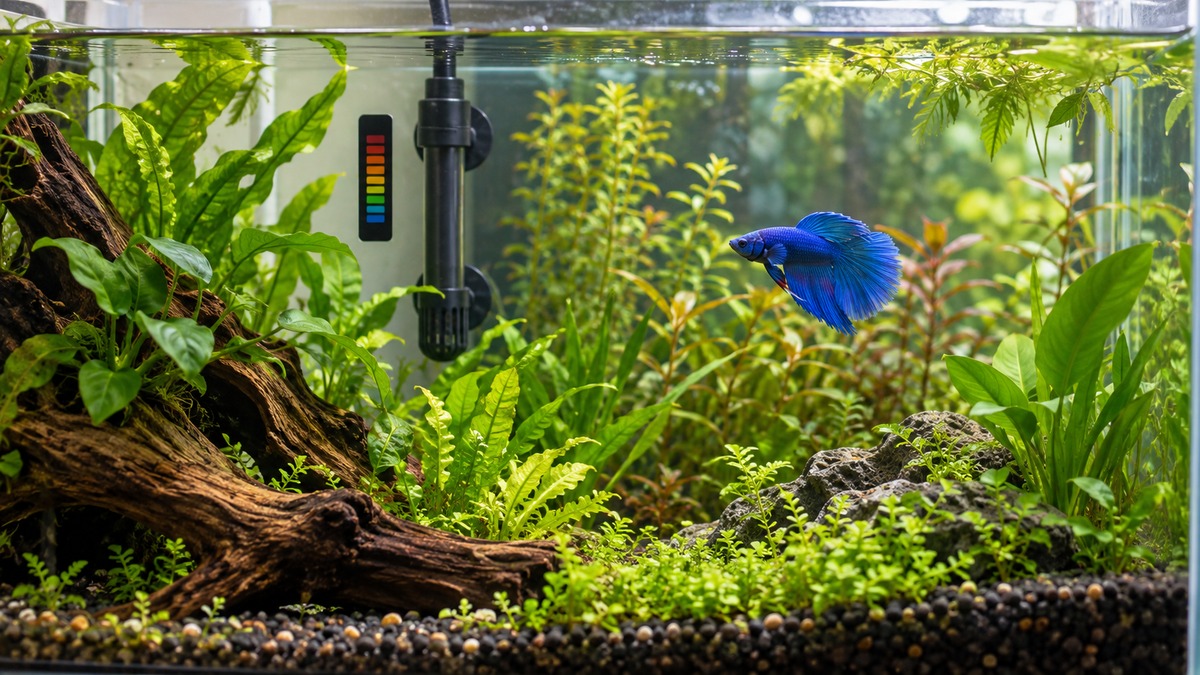A small black submersible heater in a planted betta tank, with a thermometer sticker on the glass.