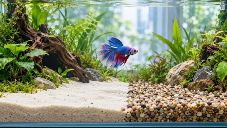 A betta swims above an aquarium floor transitioning from pale sand to fine gravel.