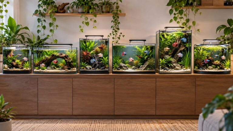 Six planted aquarium setups illustrate different female betta sorority tank sizes.