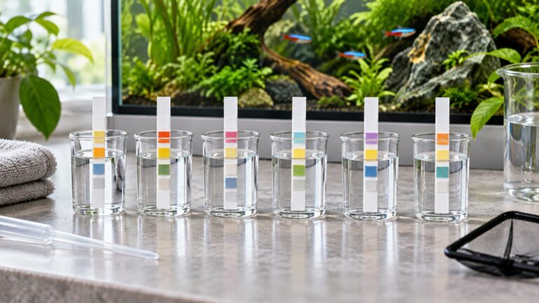 Six aquarium test strips with colored reagent pads arranged in separate water samples.