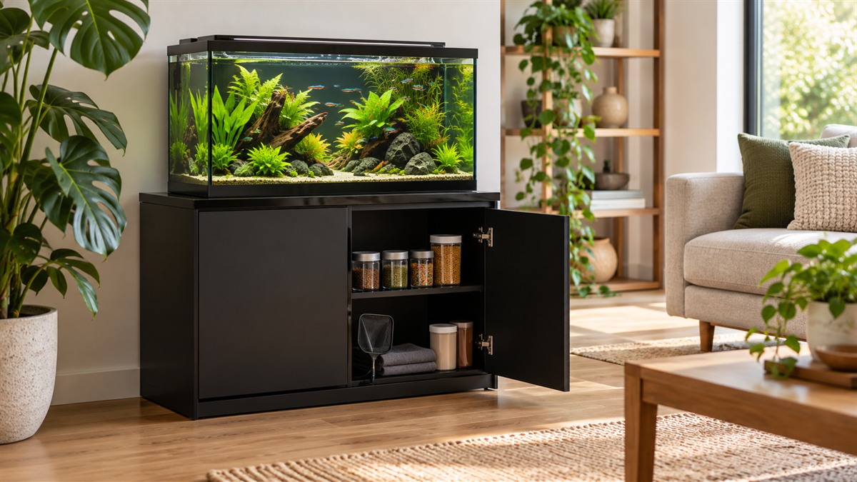 A black two-level aquarium stand with a glossy top holding a planted tank, and a cabinet door open on the lower level showing fish food and a net.