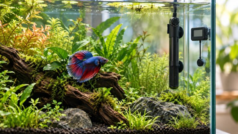 A slim black submersible heater with a knob and a small digital thermometer, clipped to the glass of a planted tank with a betta resting nearby.