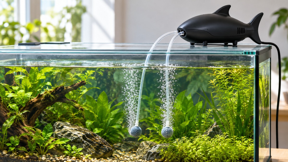 A black shark-shaped aquarium air pump sitting on the lid of a planted tank, with two clear air tubes running into the water and a small air stone rising with bubbles.