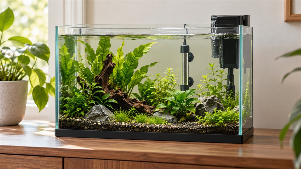 A bright glass five-gallon betta aquarium with live plants, a heater, and a gentle filter sits on a sturdy stand.