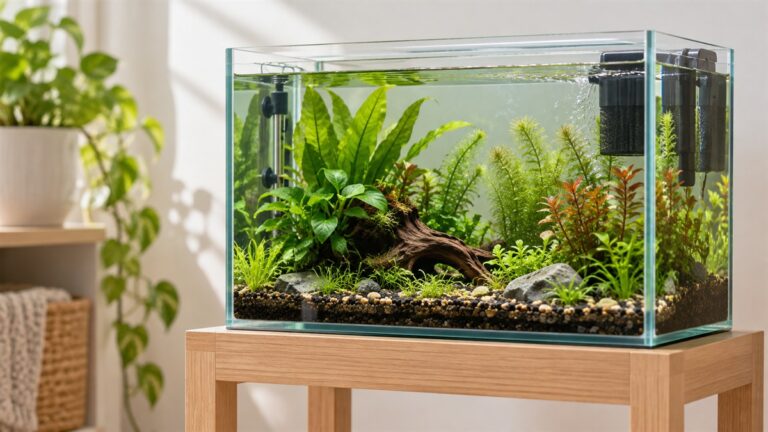A bright, roomy glass betta tank with live aquatic plants, a compact heater, and a gentle filter.
