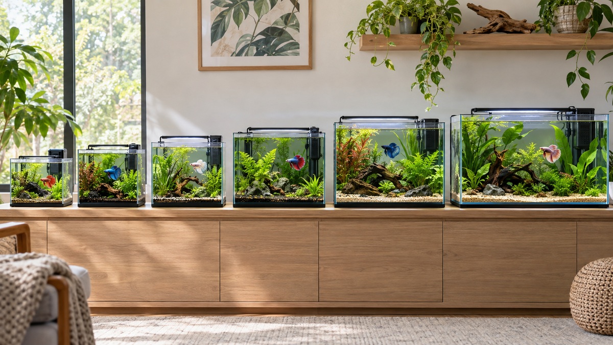 Six planted betta tanks increasing in size across a bright aquarium room.
