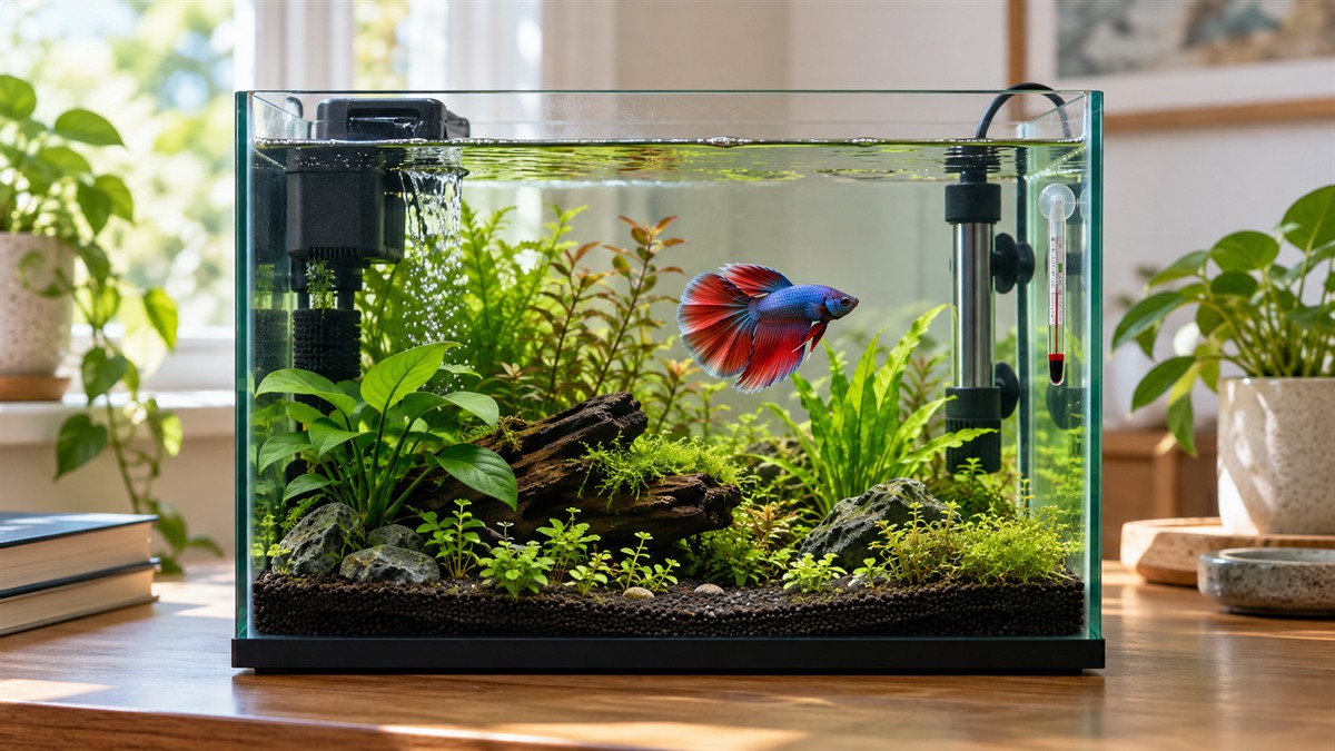 A single colorful betta swims in a planted five-gallon aquarium with a heater, gentle filter, and thermometer on a sturdy desk.