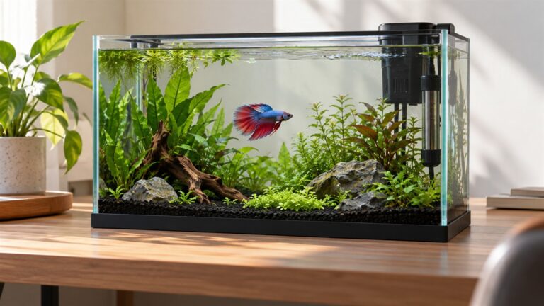 A colorful betta swims in a spacious planted aquarium with generic heater and filter on a sturdy desk.