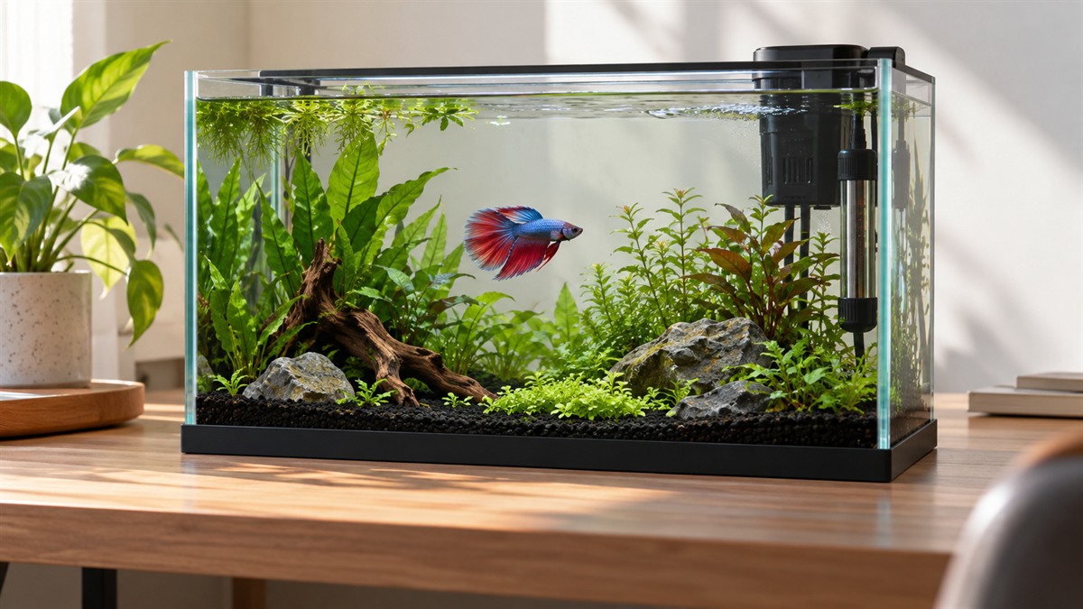 A colorful betta swims in a spacious planted aquarium with generic heater and filter on a sturdy desk.