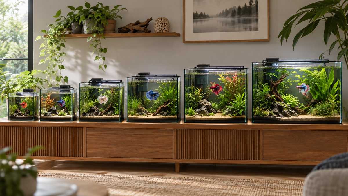 Six progressively larger planted betta aquariums arranged for a space comparison.