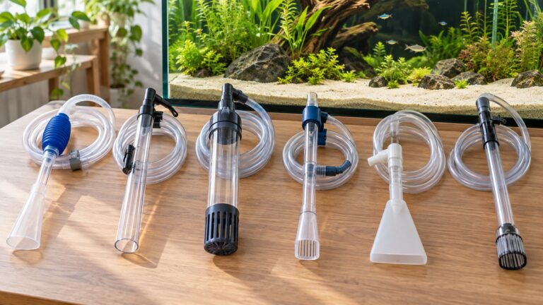 Six aquarium gravel vacuums arranged beside a planted tank with sand substrate.