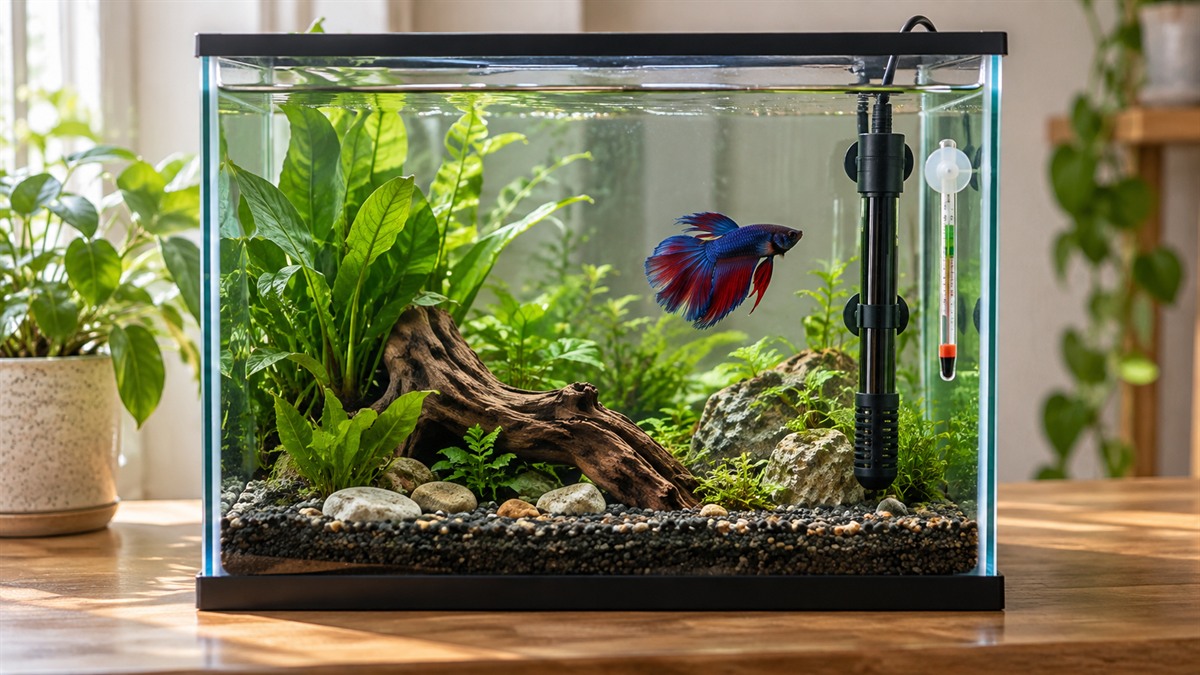 A 5-gallon betta tank with a submersible heater fully underwater and a thermometer on the glass beside it.