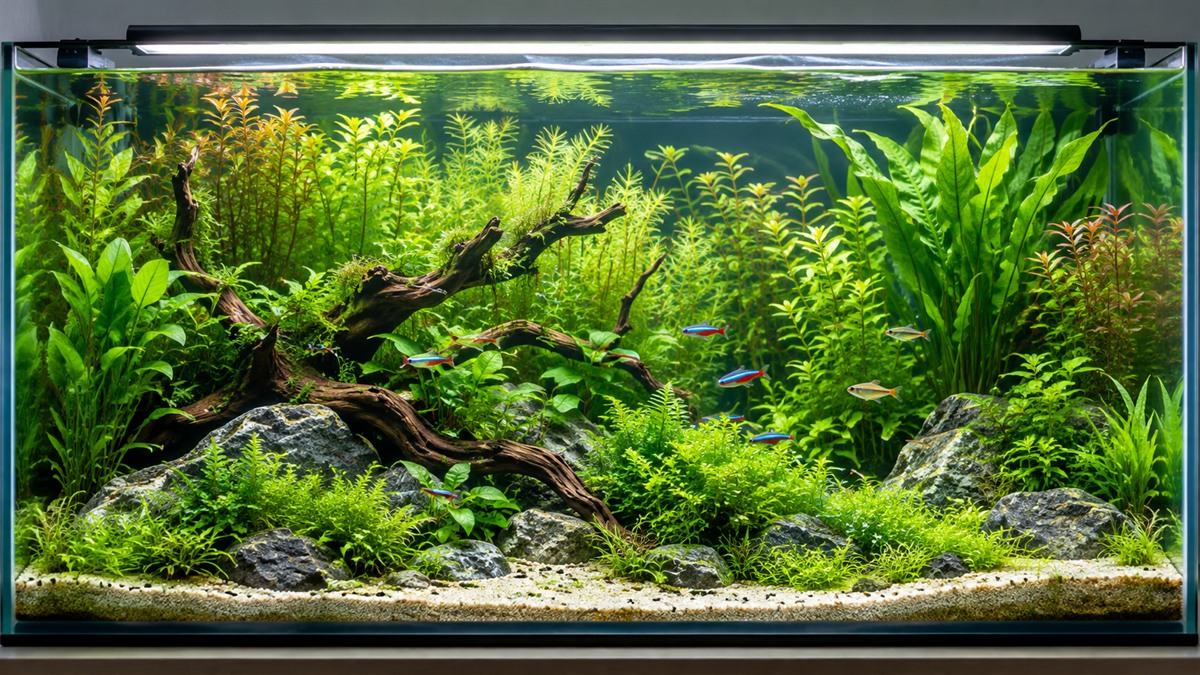 A planted freshwater aquarium with a slim LED light bar on the rim, lighting green plants along the back of the tank.
