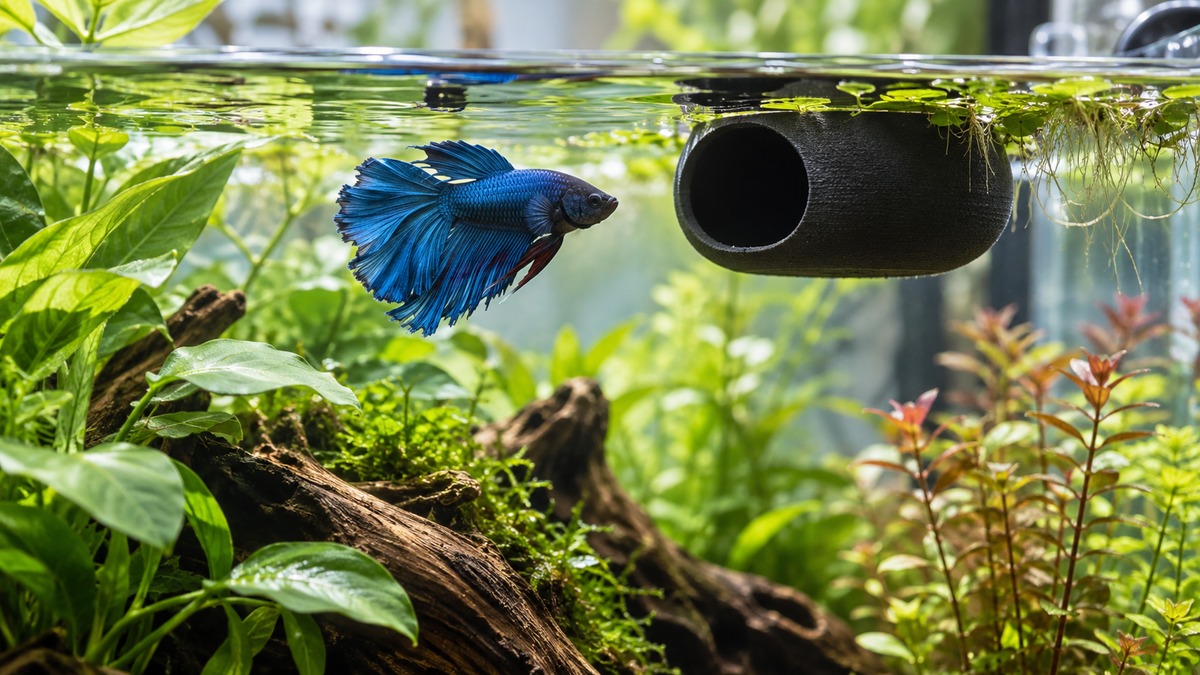 A small black 3D printed floating cave with a rounded opening, floating near the surface of a clear betta tank with a blue betta resting nearby.