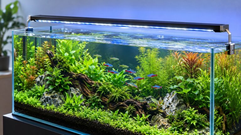 A black hygger LED light bar with aluminum brackets clipped over the rim of a planted freshwater tank, glowing blue and white.