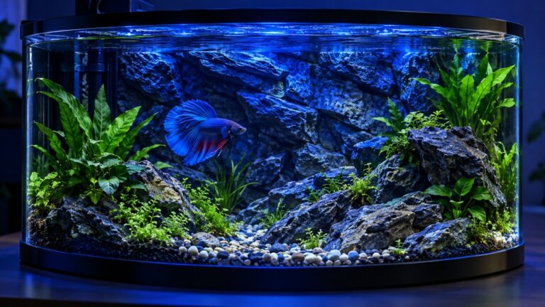 A curved glass 8-gallon aquarium with a blue LED light on top and a rockery backdrop, holding one blue betta near a green plant.