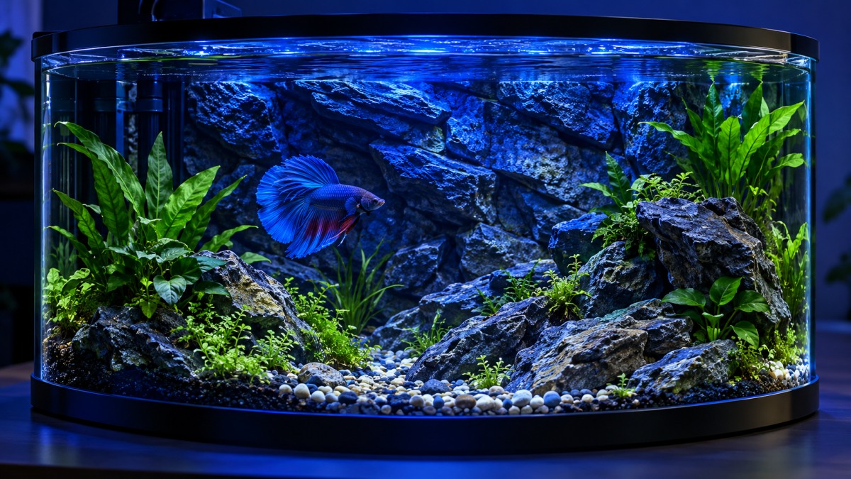 A curved glass 8-gallon aquarium with a blue LED light on top and a rockery backdrop, holding one blue betta near a green plant.