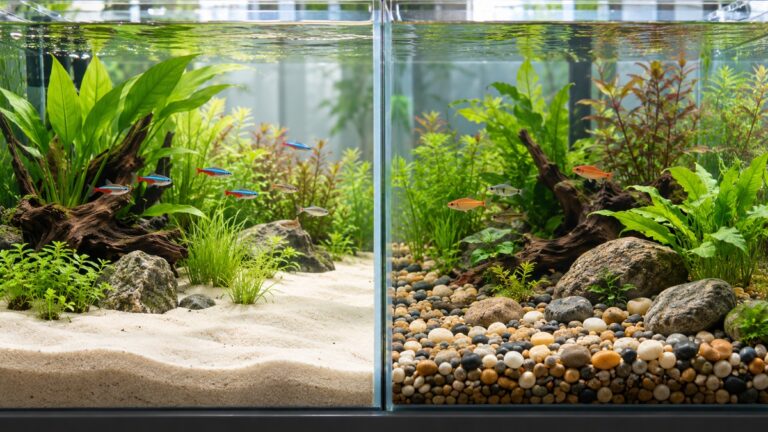 Two planted aquarium sections compare pale sand with smooth natural gravel.