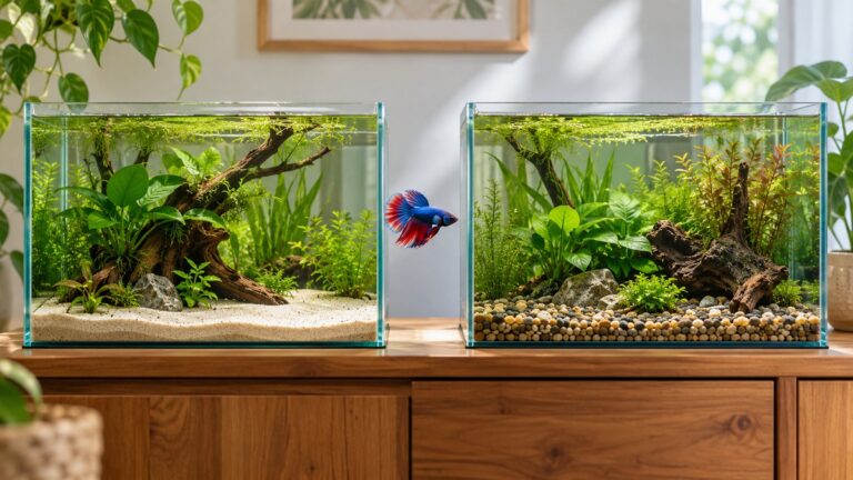 Two planted betta aquariums compare fine sand with smooth gravel substrate.