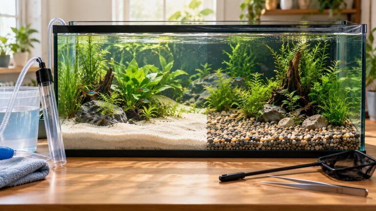 A planted aquarium compares pale sand and rounded gravel beside cleaning tools.