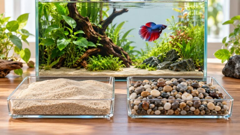 Sand and rounded river rocks are compared in clear trays before a planted betta aquarium.