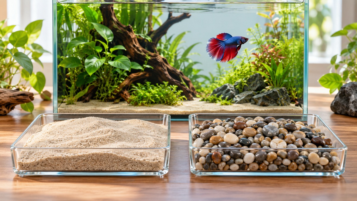 Sand and rounded river rocks are compared in clear trays before a planted betta aquarium.