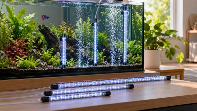 Several LED bubble light bars are displayed beside a brightly planted freshwater aquarium.